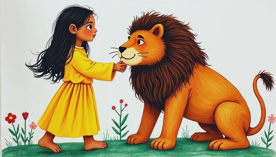 Child's hand-drawn Strength card with lion and woman.
